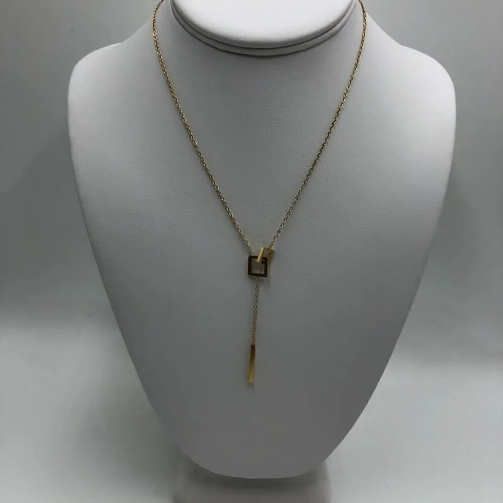 18K Gold Plated Women's Dual Interlocking Square Charm Dangle Necklace Harmony